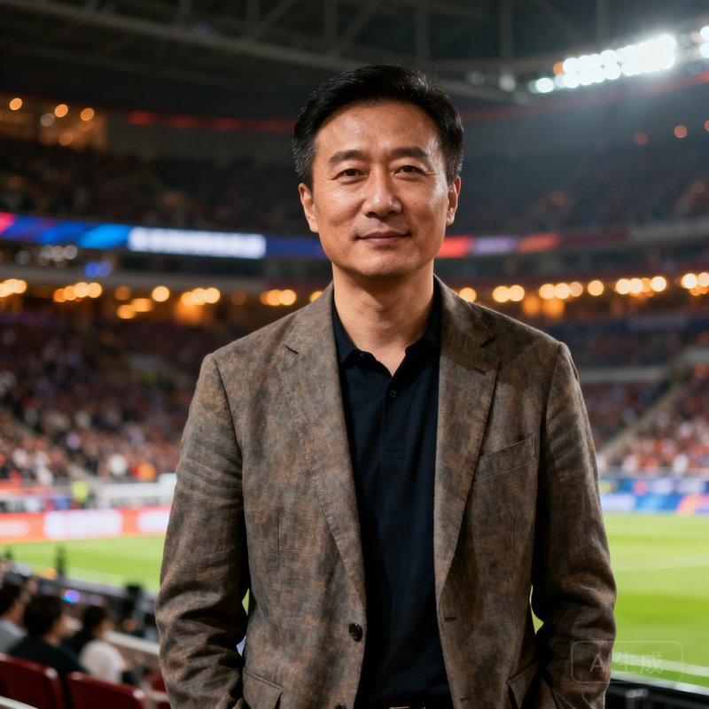 银河集团创始人兼CEO李明远，四十岁左右的男性，穿着休闲西装站在赛事现场，背景为大型体育场馆。
