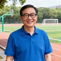 某高校体育部主任刘校长，戴着眼镜穿着 polo 衫，站在校园操场边微笑。